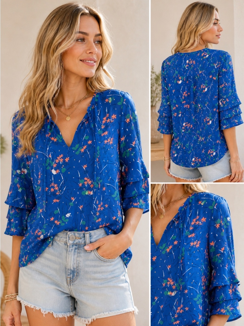 GAP Blue Floral Boho Blouse Ruffle Sleeve Lightweight Flowy Top S lightweight